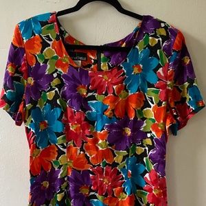 bright floral 80s mini dress with shoulder pads